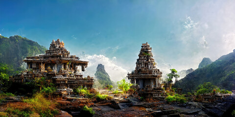 Panoramisch landschap van een oude tempel in de bergen, de overblijfselen van een verloren beschaving. 3d illustratie