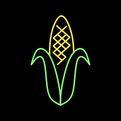 Neon yellow corn silhouette thin line icon for restaurant logo design. Vector illustration of a food mascot isolated on a black background.