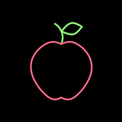 Neon red apple silhouette thin line icon for restaurant logo design. Vector illustration of a food mascot isolated on a black background.