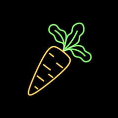 Neon yellow carrot silhouette thin line icon for restaurant logo design. Vector illustration of a food mascot isolated on a black background.