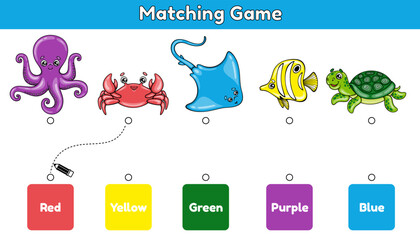 Matching children educational game. Match sea animals and colors. Activity for kids and toddlers. Vector illustation.