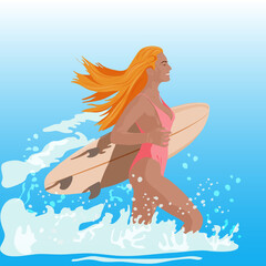 A girl in a pink swimsuit with a surfboard runs into the sea