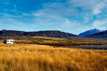 Stopping for a rest in my motorhome at the small Maori Lakes on the road to Lake Heron, in the Ashurton Lakes district