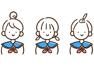 色々な髪型のセーラー服を着た女子高生のおしゃれな手書き線画イラストセット