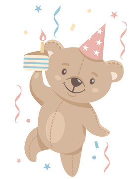 Flat vector illustration. Cute little bear celebrating his birthday. Bear jumping in confetti with a piece of cake. Children illustration for birthday celebration