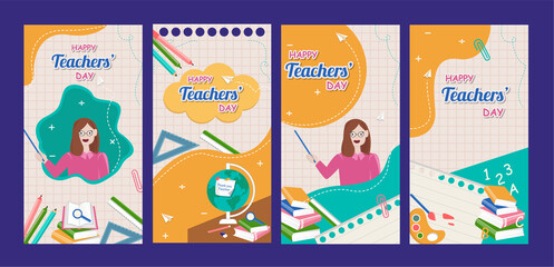 Happy teachers day card with a girl explaining lesson on blackboard and best teacher poster concept with character skirt, book, globe, colorful background.
