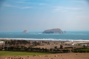 PACHACAMAC, LIMA PERU: Looking at the Pacific ocean and a islands front the Temple of the Sun in...