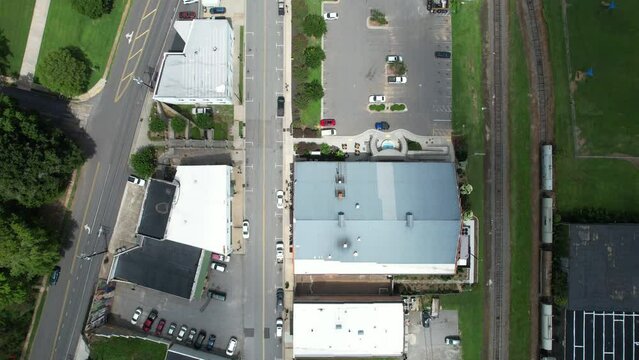 Downward angle drone shot of downtown Elkin, North Carolina