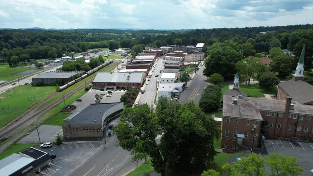 Wide drone shot of downtown Elkin, North Carolina