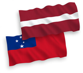 National vector fabric wave flags of Latvia and Independent State of Samoa isolated on white background. 1 to 2 proportion.