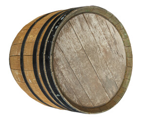 Old wooden wine barrel with black rings isolated on white background.