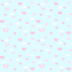 Vector - Abstract seamless pattern of mini pink paper heart flying on blue sky and white cloud.
