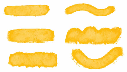 Set of yellow paint, ink brush strokes, brushes, lines. Dirty artistic design elements. Vector illustration. Isolated on white background.