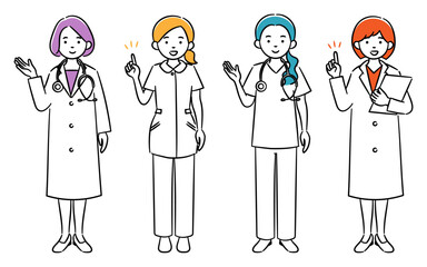 若い女性医療従事者達のシンプルイラストセット