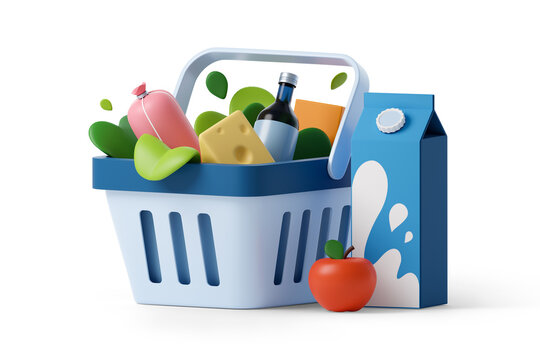 Shopping basket with groceries 3d illustration