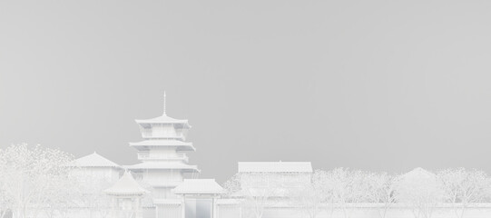 Japanese architecture on white color background , japan theme and copy space for media , advertisement and other , 3D rendering