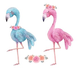 Flamingo birds watercolor illustration isolated on white background, blue and pink flamingos painting with flower wreath decoration for party invitation card or sticker design and textiles printing.