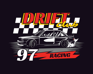 Hand Drawn Vintage style of Drift Racing Car