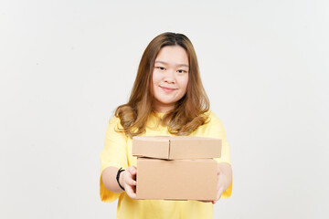 Holding Package Box or Cardboard Box of Beautiful Asian Woman wearing yellow T-Shirt