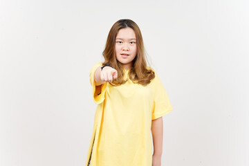 Pointing at you with angry face expression of Beautiful Asian Woman wearing yellow T-Shirt