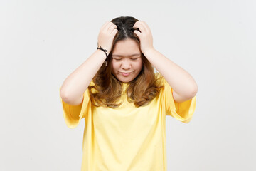 Fototapeta na wymiar Suffering Headache of Beautiful Asian Woman wearing yellow T-Shirt Isolated On White Background