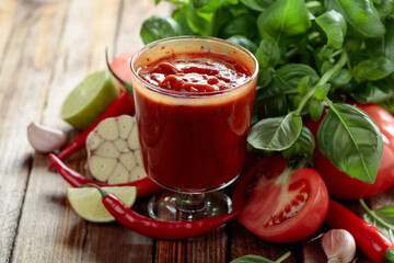 Homemade tomato sauce and ingredients.