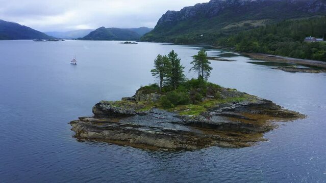 Aerial Drone View of Beautiful Scottish Highlands Mountains Landscape, Scotland, of Loch Carron, a Lake at Plockton Town on NC500 (North Coast 500) Route in UK