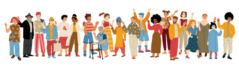 People crowd, diverse characters waving hand. Multiracial community with african american, jewish, asian, muslim and indian men and women, elder persons, vector flat illustration