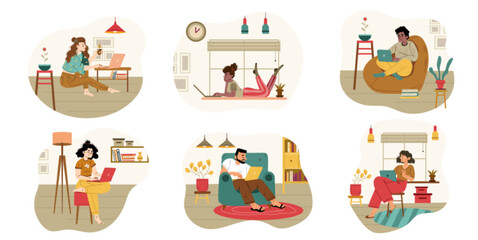 Naklejka premium Freelancers work at home office, relaxed characters working remotely on laptops at comfortable domestic environment. Outsourced freelance self-employed employees Line art flat vector illustration, set