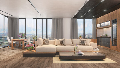 3d Illustration von einem modernen Loft, mit einer offenen Küche, Esstisch, Wohnzimmer mit einer Couch