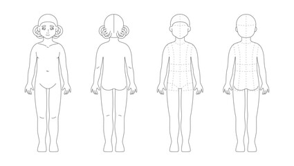 Age 7-9 years kid girl figure for kidswear sketch. Fashion template of child body mannequin, 5,5-head proportions. Front and back view