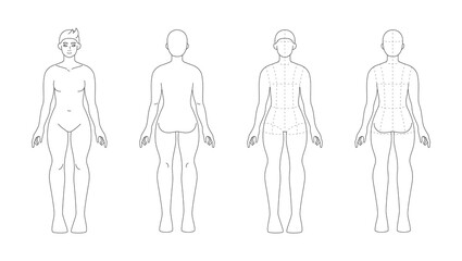 Age 16-18 years teen girl figure for flat sketch. Fashion template of teenager body mannequin, 7,5-head proportions. Front and back view, rulers on backdrop