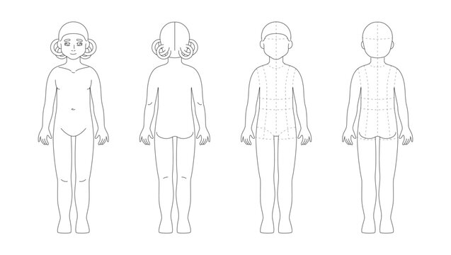 Age 7-9 years kid girl figure for kidswear sketch. Fashion template of child body mannequin, 5,5-head proportions. Front and back view