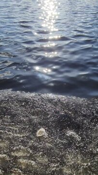 The ice on the river sways on the waves. Sunny path with highlights. Sunny spring day. Latvia. Vertical video