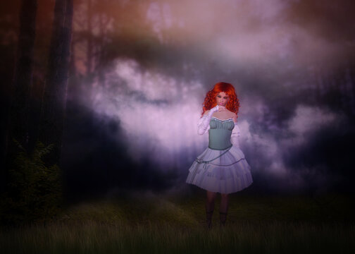 Redhead girl in foggy forest