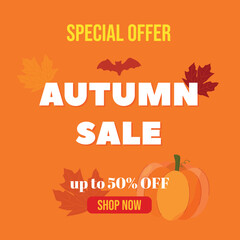 Autumn sale special offer with seasonal elements. Template for marketing, promo and social. Flat vector design illustration