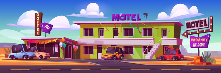 Cozy motel and roadside cafe vector cartoon illustration. Guest cars on asphalt parking near small hotel building by desert highway. Arrow signboard welcomes travelers for rest at recreation center