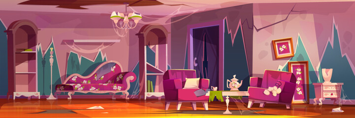 Abandoned living room interior in princess style. Broken pink furniture with floral pattern, cracked walls, ragged wallpapers and spider web. Neglected hunted apartment, Cartoon vector illustration