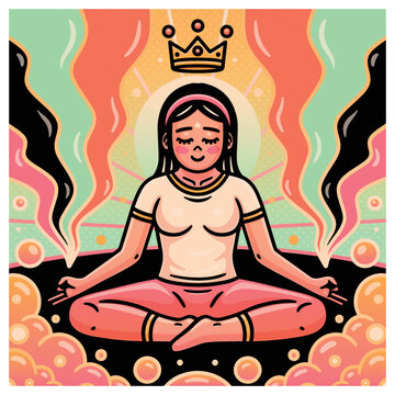 Illustration of young queen with crown doing yoga pos