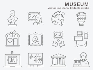 Museum icon set. Collection of exhibition hall, history, antique, gallery and more. Vector illustration. Editable stroke. - obrazy, fototapety, plakaty