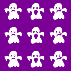 Vector design of pattern halloween's ghost, Casper, white body with differ style of eye and mount isolated placed on purple night background for seamless use