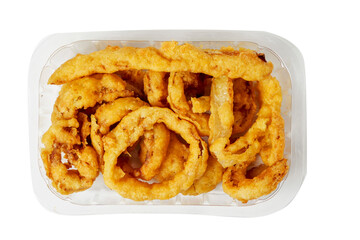 Onion rings in a plastic tray on white background. Simple food with high calorie and fat count. Beer snack.