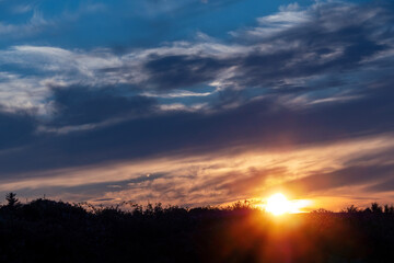 Stunning warm orange color sky and silhouette of a forest. Beautiful nature scene. Sun flare and glow.
