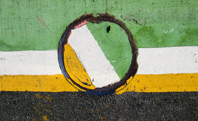 Manhole, painted in green white and yellow seen in the asphalt. Abstract background of manhole