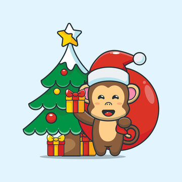 Cute monkey carrying christmas gift box. Cute christmas cartoon illustration.