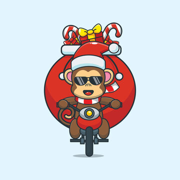 Cute monkey carrying christmas gift with motorcycle. Cute christmas cartoon illustration.