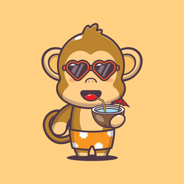 Cute monkey cartoon mascot character drink coconut