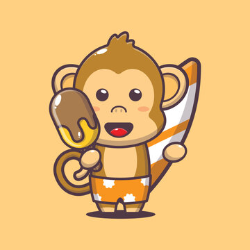 Cute monkey cartoon mascot character with surfboard holding ice