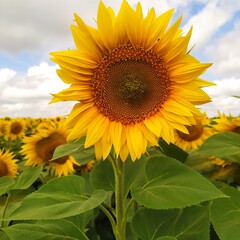 Sunflower large in summer in a field against a blue sky. Agriculture, sunflower oil production
