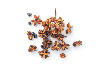 Group Sichuan Pepper isolated on white background, top view , flat lay. - obrazy, fototapety, plakaty